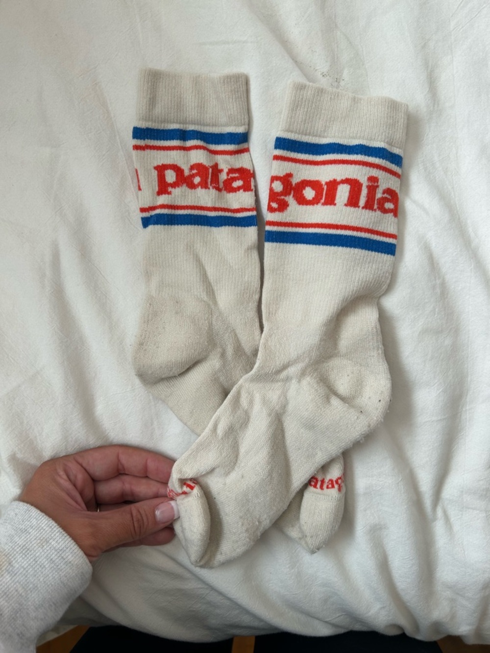 Patagonia Cream Crew Socks with Red and Blue Logo